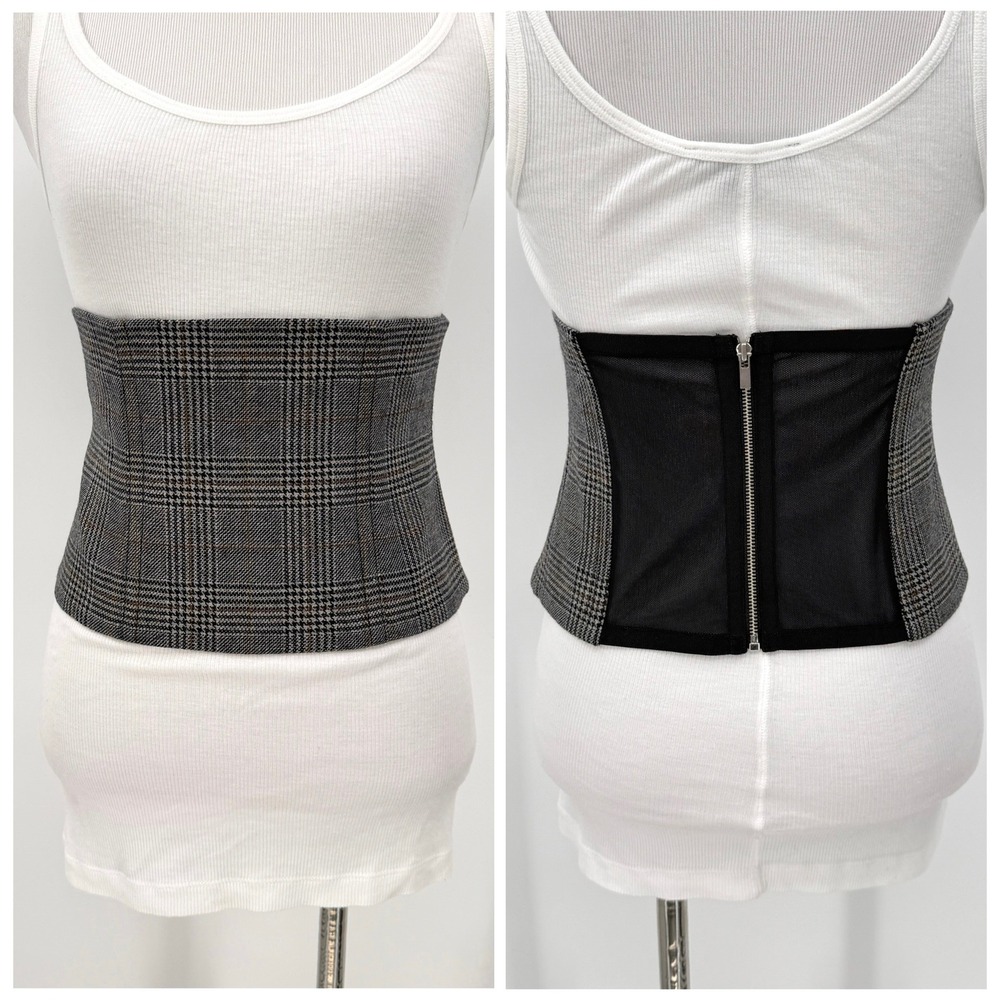 TIBI Glen Plaid Wool Corset Belt Womens 4 Gray Black Sheer Zipper Accessory - Picture 2 of 14